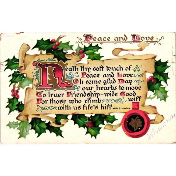 Vintage 1907 Raphael Tuck Christmas Postcard Peace and Love Poem  Yuletide - Picture 1 of 2